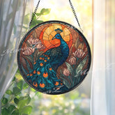 Peacock Stained Glass Suncatcher, Round Blue Bird Window Panel with Sun and Tulip Flowers, Elegant Nature Inspired Home Decor Gift